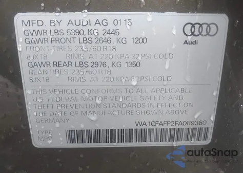 2015 Audi Q5 2.0T Premium from USA, damaged, VIN WA1CFAFP2FA089380